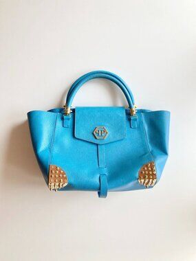PHILIPP PLEIN Jenna Large Basics Shell Bag Studded Blue Leather Tote Bag Purse